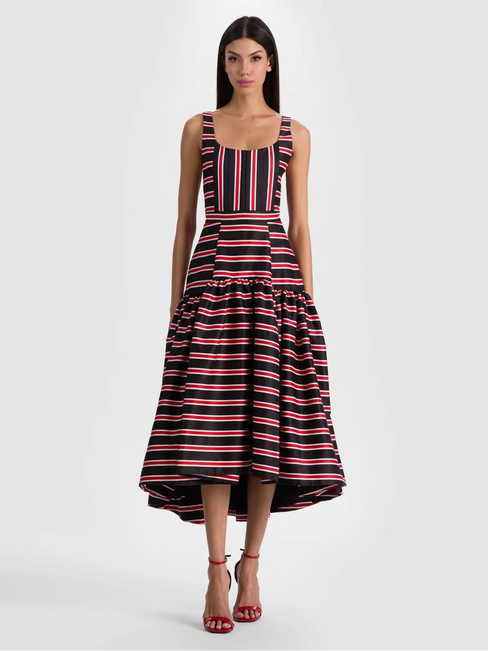 Alice + Olivia Black, Red and White Striped High-Low Fit Dress